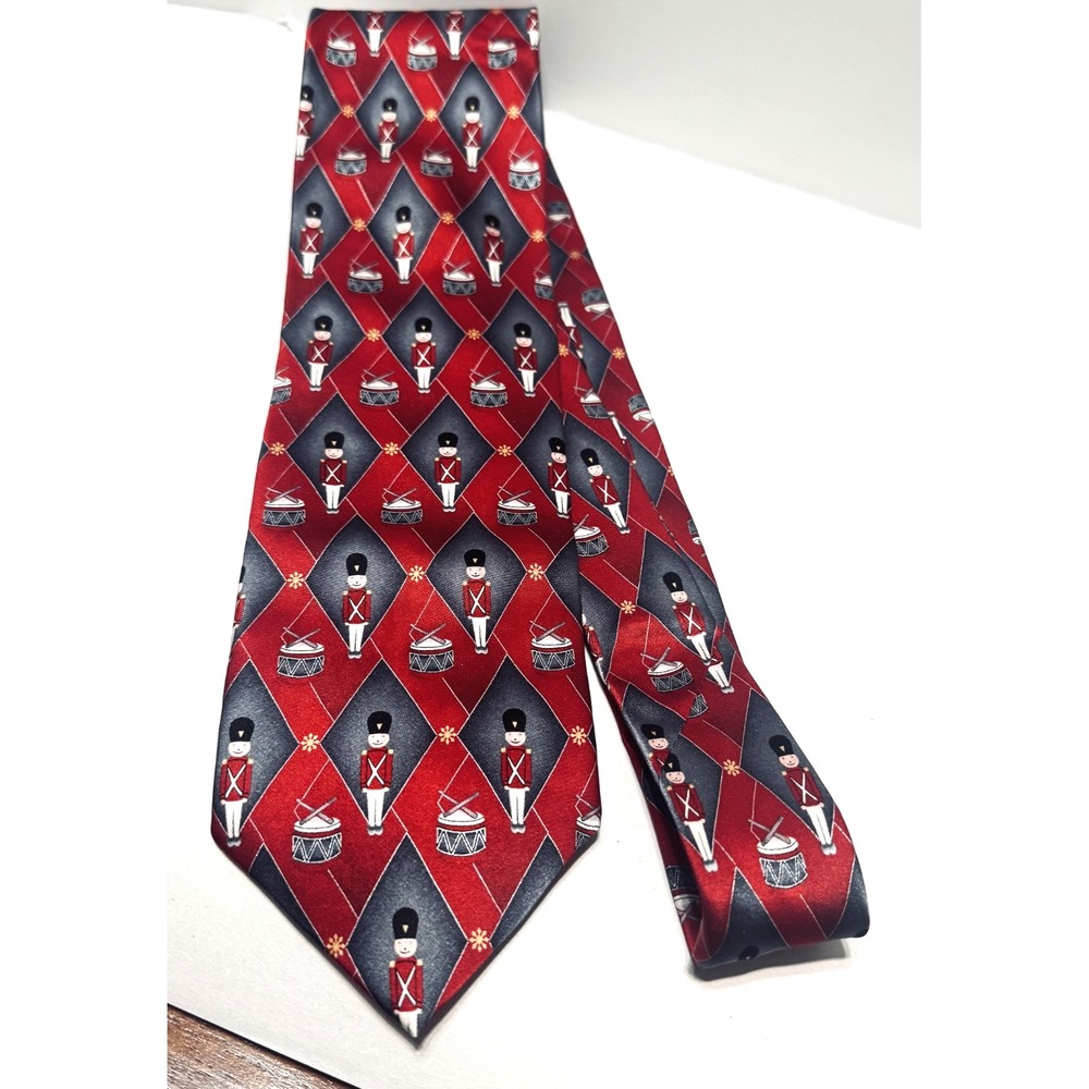 Holidays Red Necktie Toy Soldiers & Drums Musical Christmas 100% Silk 4 inch